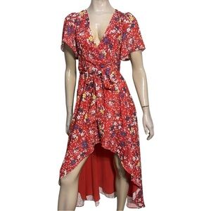 Parker Women’s Size XS Red Ditzy Floral Flutter Sleeve Ruffle Hem Wrap Dress